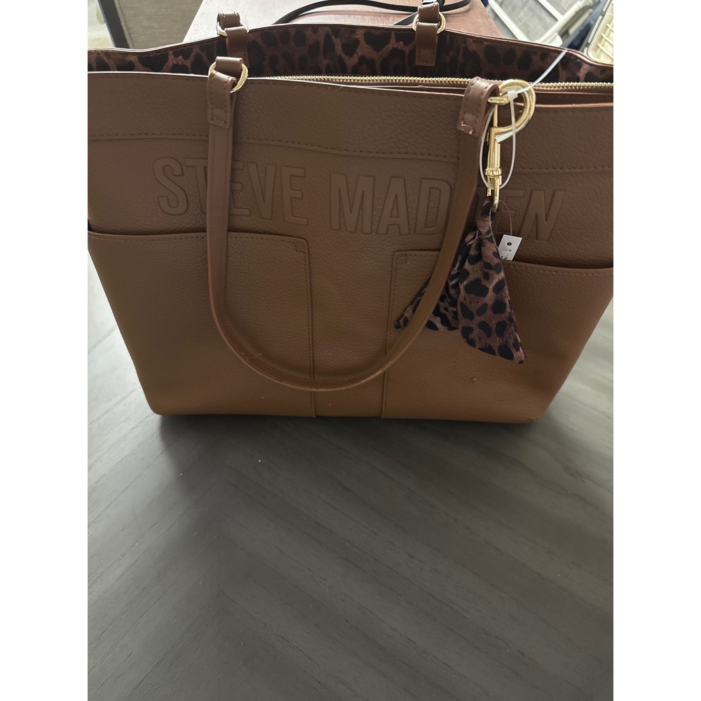 Steve Madden Cognac Brown Pebbled Tote Bag Leopard Print Lining Embossed Logo
